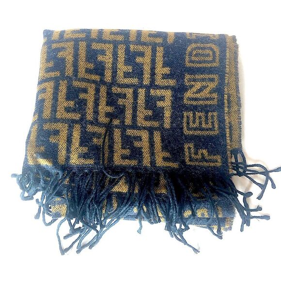 FENDI Navy Blue Tan Wool Silk Scarf with Decorative Tassels - Picture 1 of 11
